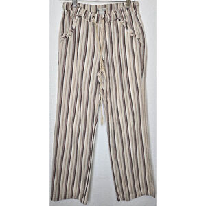 Womens Wide Leg Pants Small Cream Black Striped Linen Cotton Tie Waist Boho Vtg